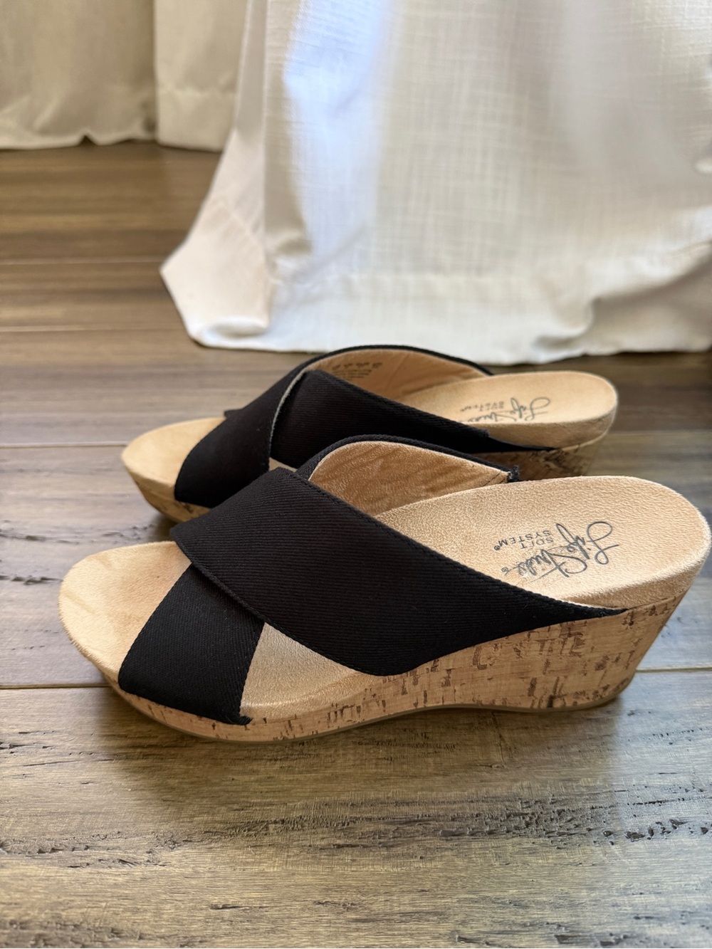 Life Stride Black Crisscross Cork Wedge Slides